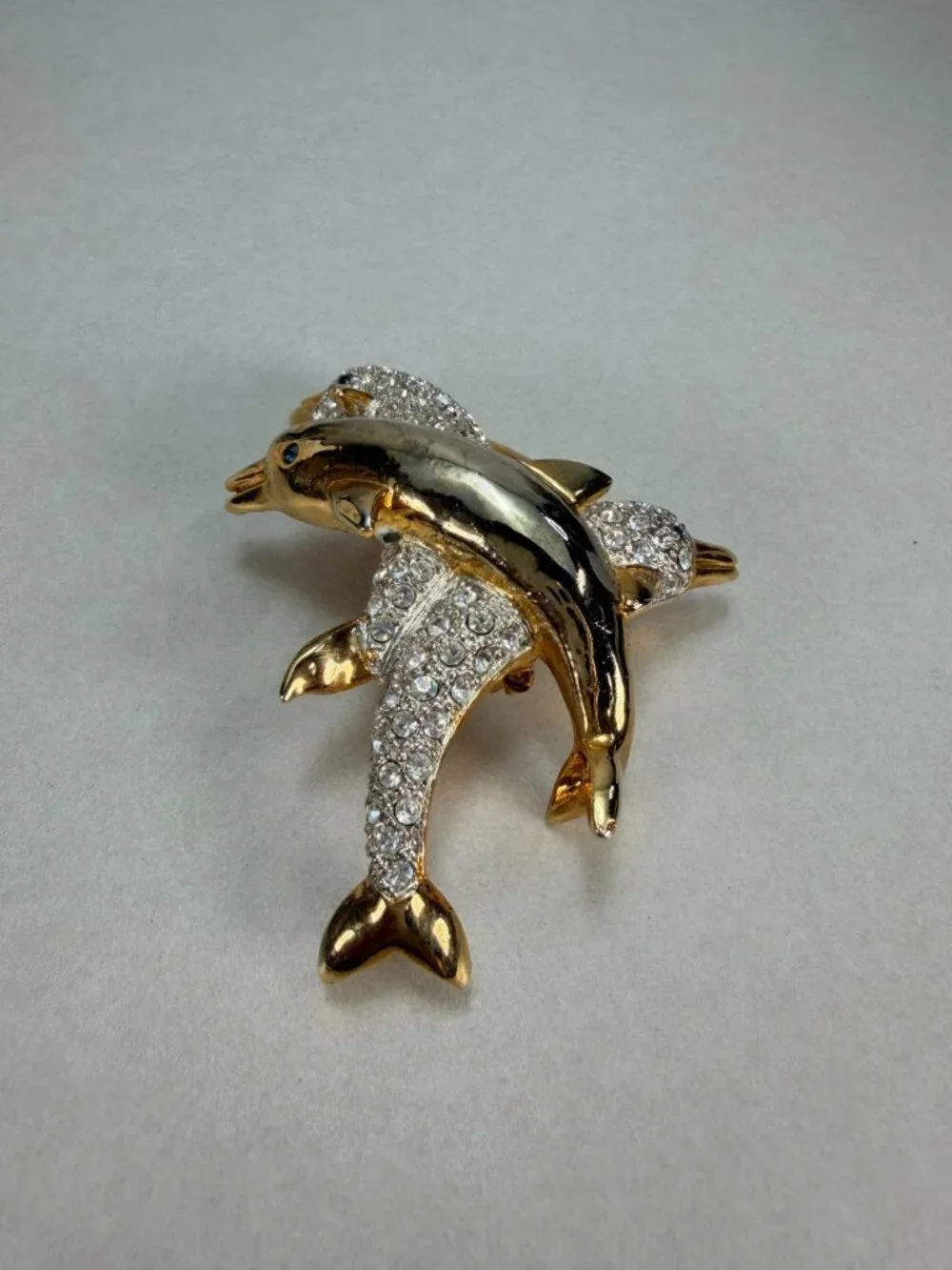 Vintage Dolphin Brooch Rhinestone Gold Tone Double Dolphin Ocean Figural Pin